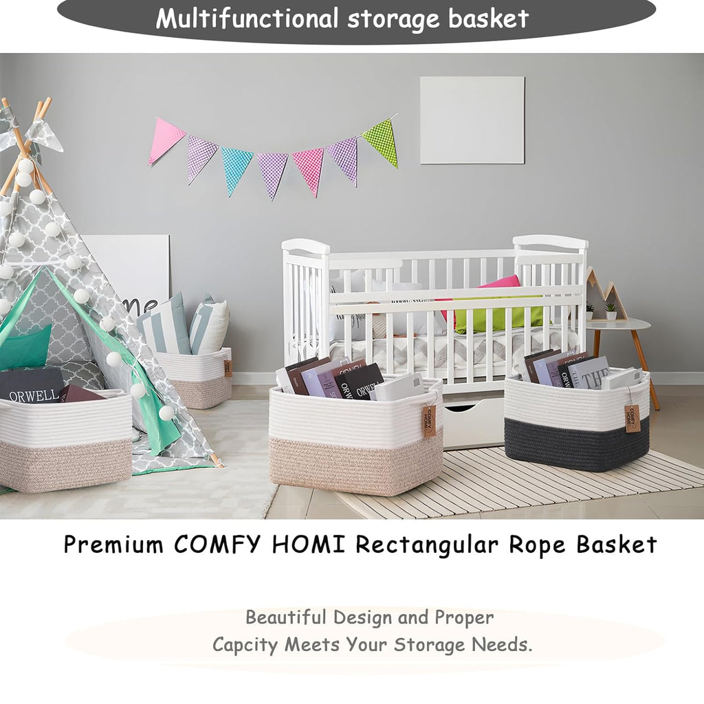 COMFY-HOMI 3-Pack Cotton Rope Woven Basket with Handles for Shelves, Books, Toys, Cloth