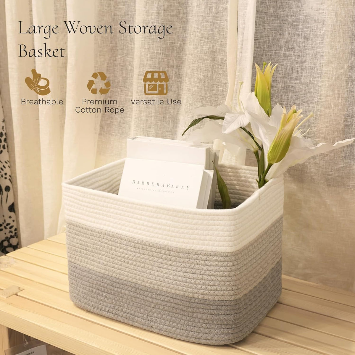 Hopegiver Woven Storage Baskets 15x11x10 Inch, 3 Pack Collapsible Cube Storage Bin for Shelves