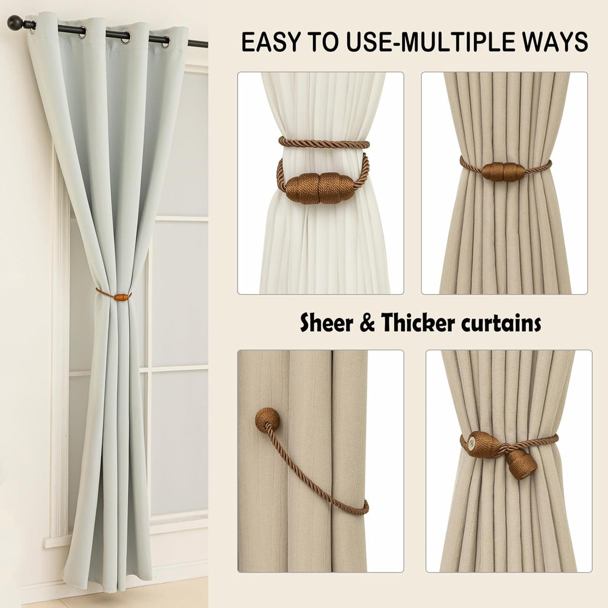Magnetic Curtain Tiebacks Rope Curtain Tie Backs for Curtains 4 Pack Curtain Holders for Drapes