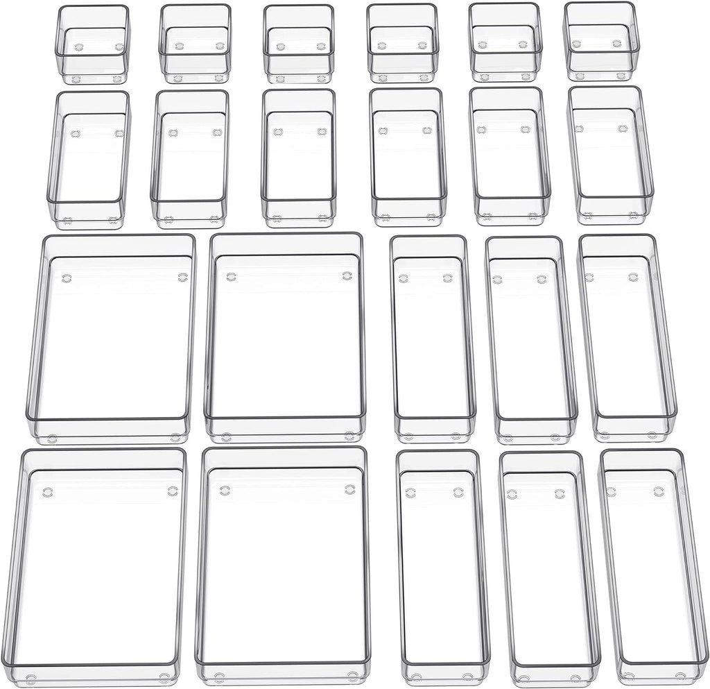 SMARTAKE 22-Piece Drawer Organizer with Non-Slip Silicone Pads, 4-Size Clear Desk Drawer Organizer