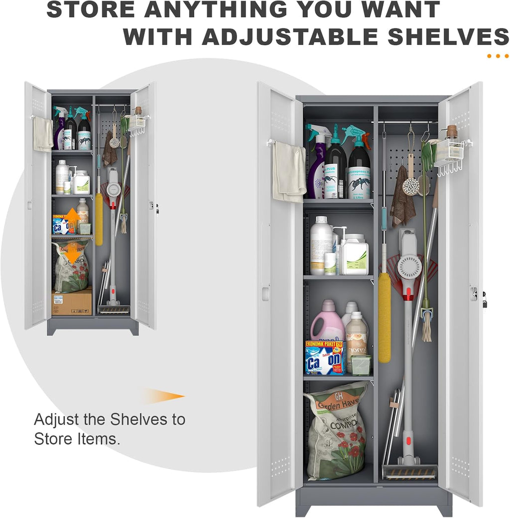 Broom Closet, Metal Storage Cabinet with Hanging Rod, 65" Broom Tool Organizer, Metal Cabinet with