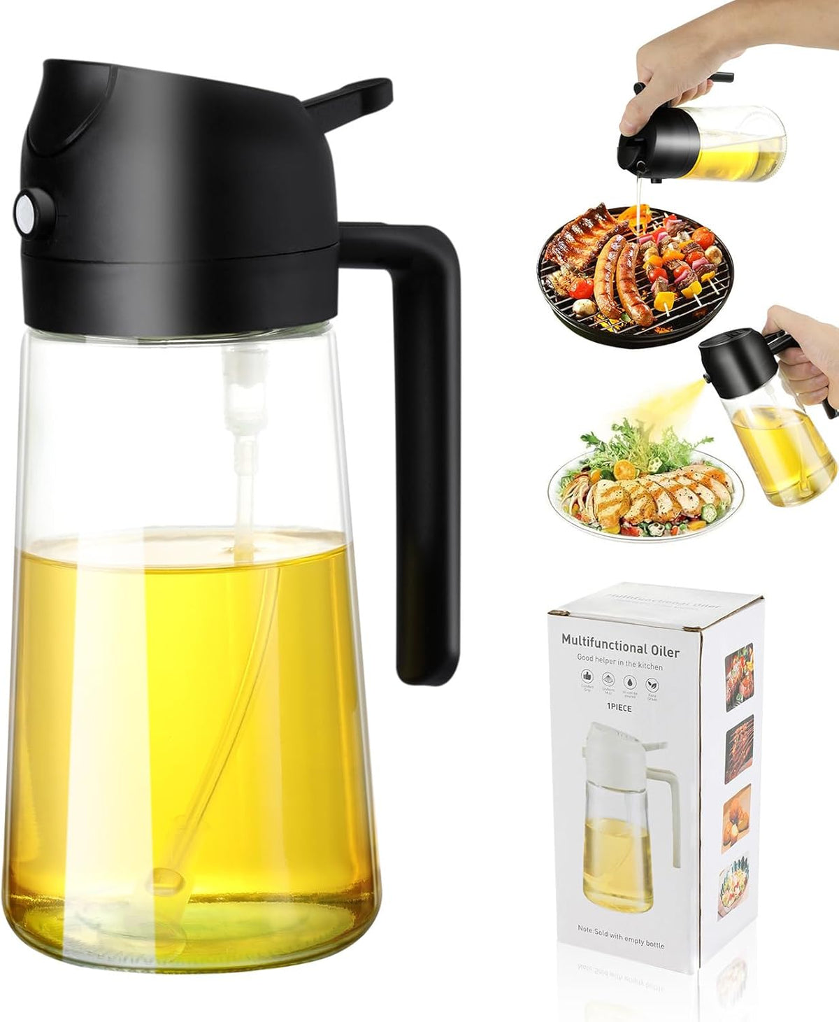 2-in-1 Glass Oil Dispenser & Sprayer - 16oz/470ml Leakproof Bottle for Cooking, Air Fryer, BBQ