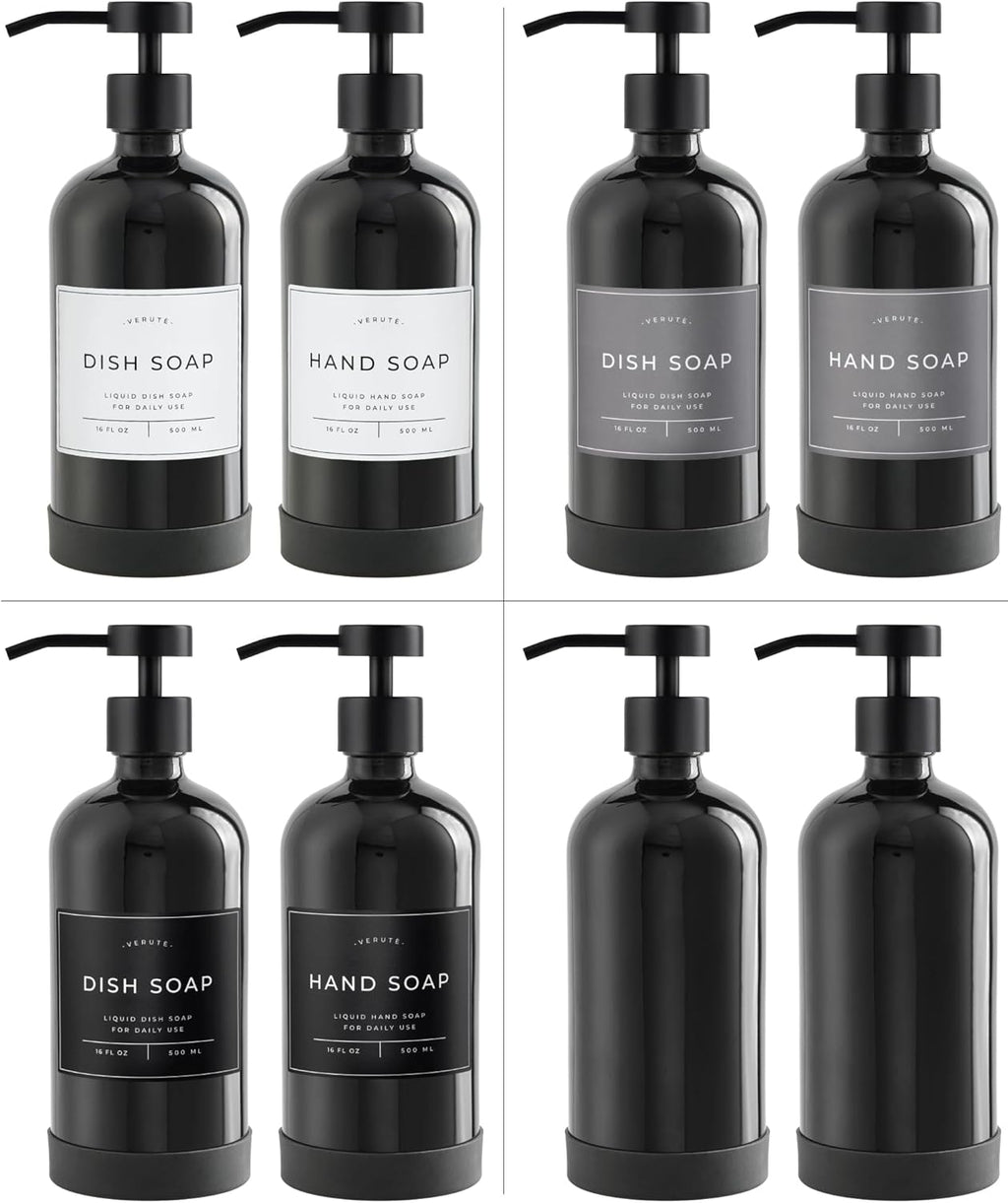 16oz Glass Soap Dispenser with Stainless Steel Pump, 21 Waterproof Labels, Non-Slip Protective
