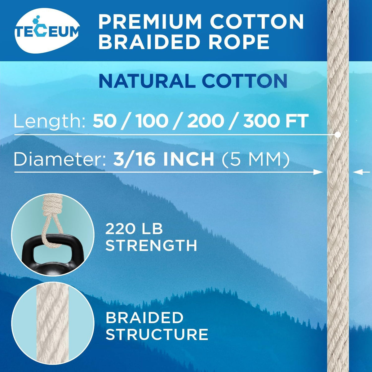 TECEUM 500lb Cotton Rope 3/16” (5 mm) – 100 FT – Strong All-Purpose Braided Rope – Natural Cotton