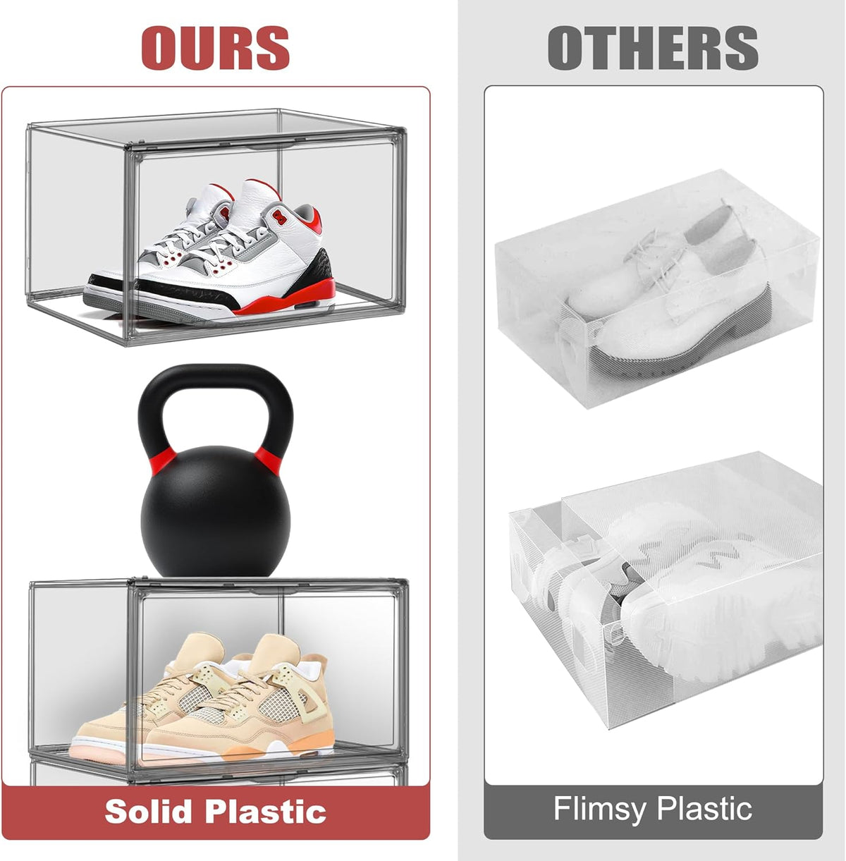 4 Pack Grey Shoe Storage Boxes Clear Plastic Stackable Shoe Display Case with Magnetic Door, Easy