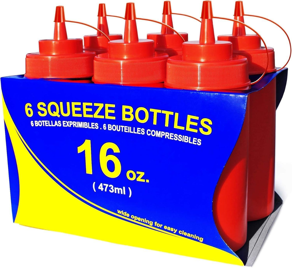 New Star Foodservice Squeeze Bottles, Plastic, Wide Mouth, 16 oz, Red, Pack of 6