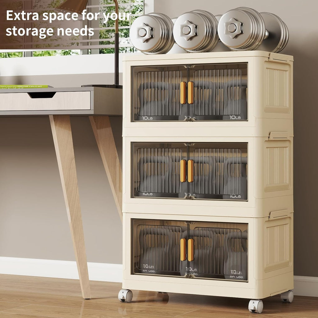 3 Tier Stackable Plastic Storage Bins with Lids 48QT, Collapsible Closet Organizers and Storage