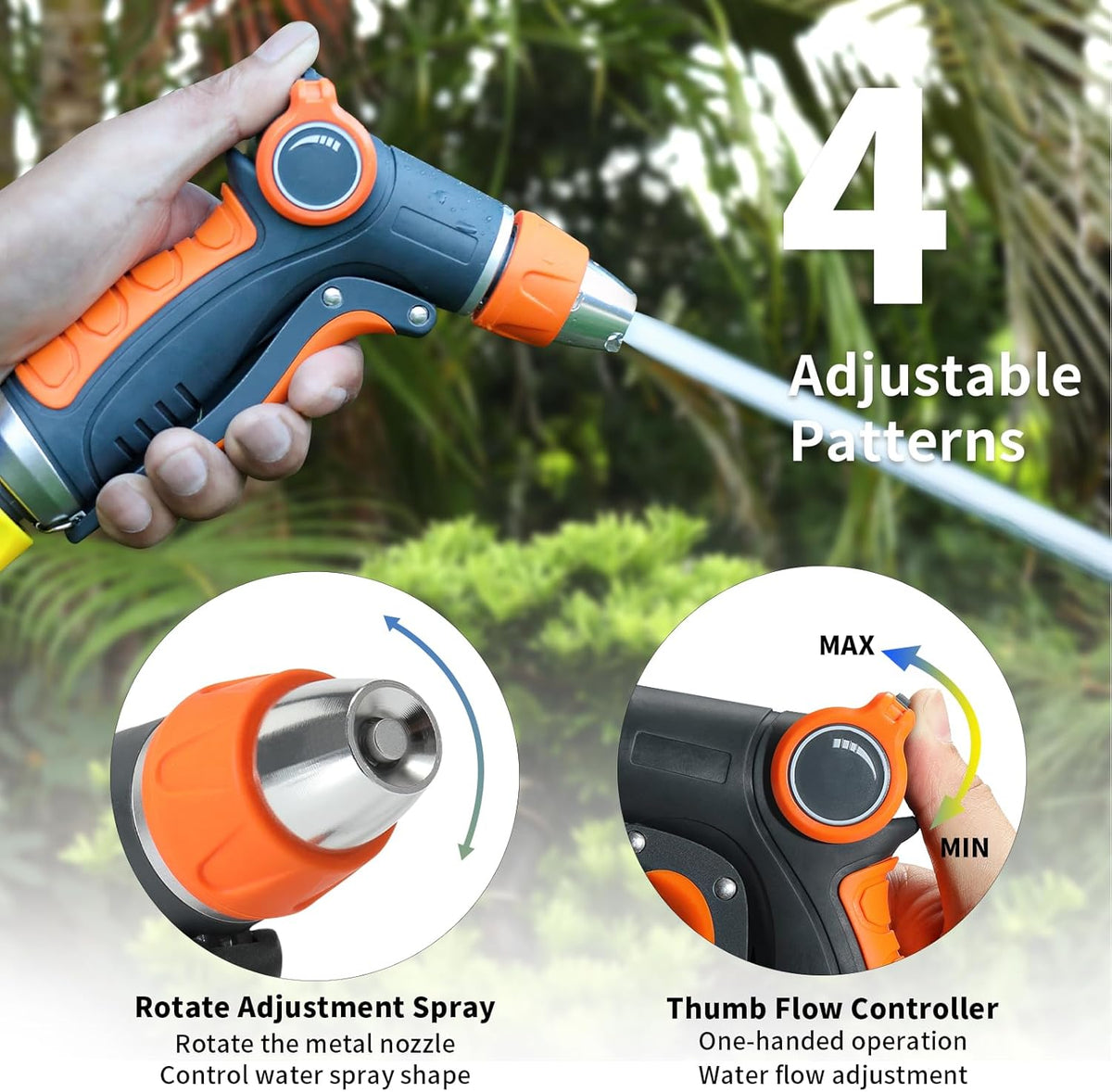 Garden Hose Nozzle Sprayer, Water Hose Sprayer Nozzle with 4 Spray Patterns, Water Flow Thumb
