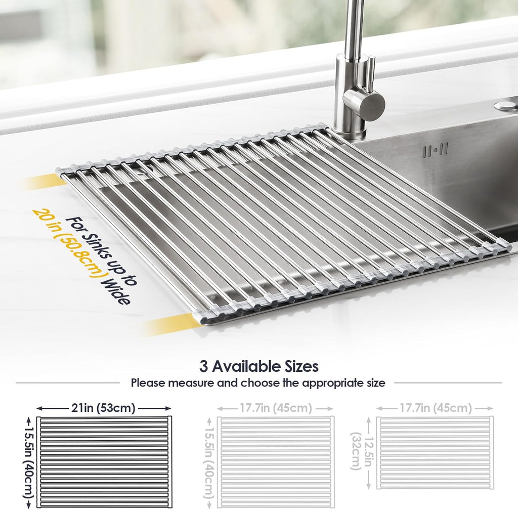 Tomorotec Stainless Steel Roll-Up Dish Drying Rack Marble Color Silicone Edges, Foldable Kitchen
