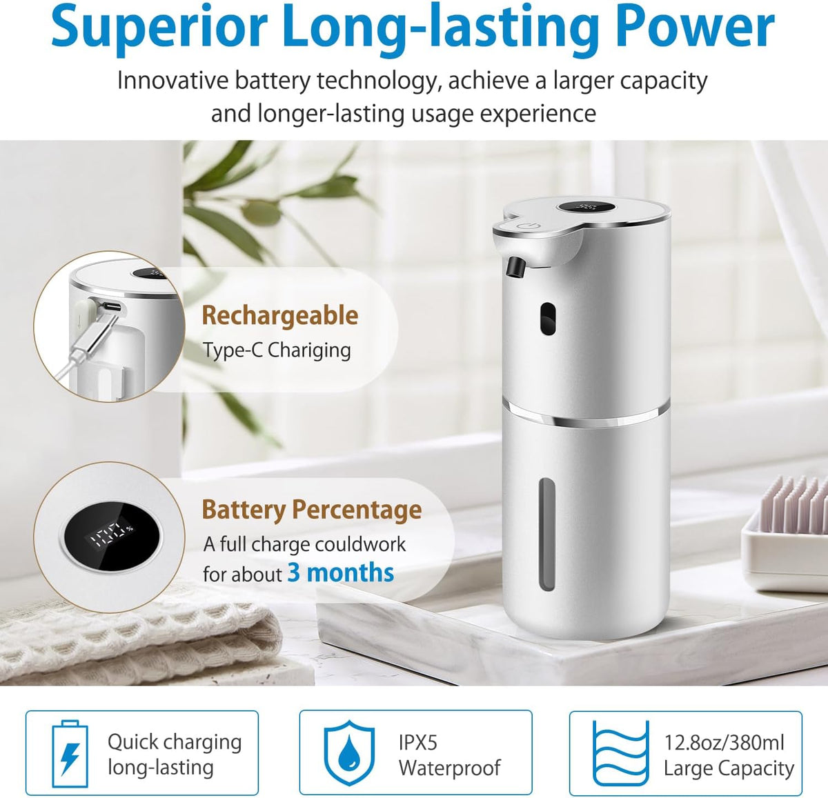 Automatic Liquid Soap Dispenser 12.8oz, Rechargeable & 6 Levels Soap Adjustable with Digital