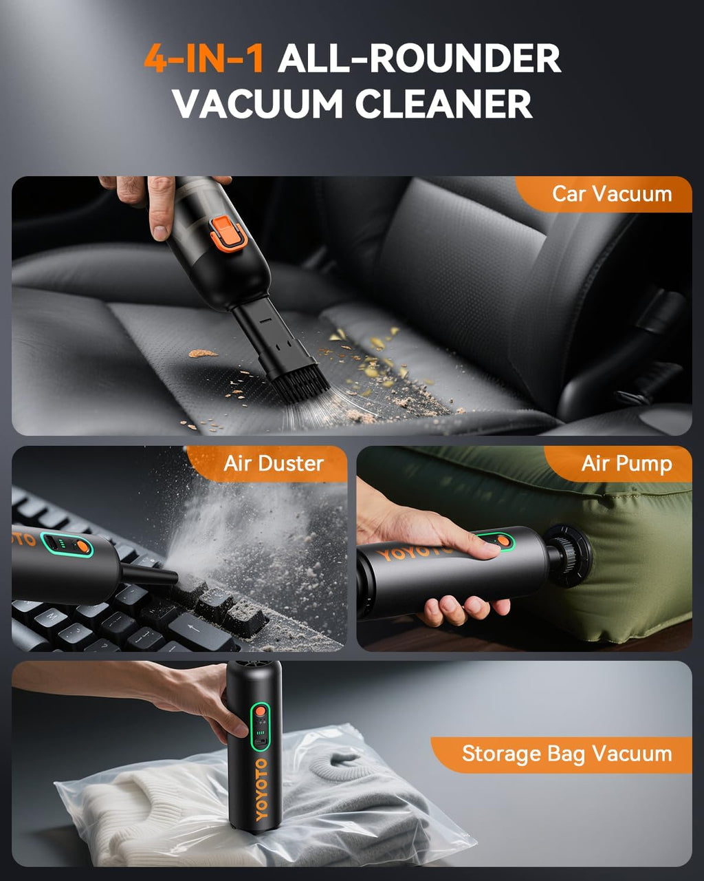 Car Vacuum, Handheld Vacuum Cordless with 21000Pa Powerful Suction & 3 Modes, 4-in-1 Portable Hand