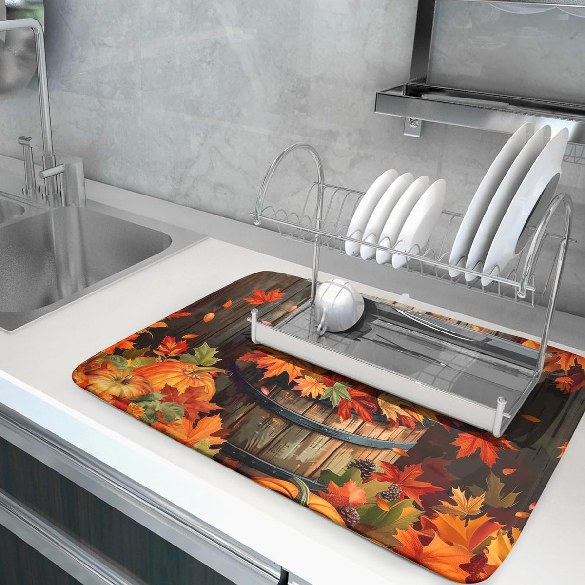 Fall Pumpkin Dish Drying Mat for Kitchen Counter Autumn Pumpkin Dish Mats for Drying 16x18 Inch
