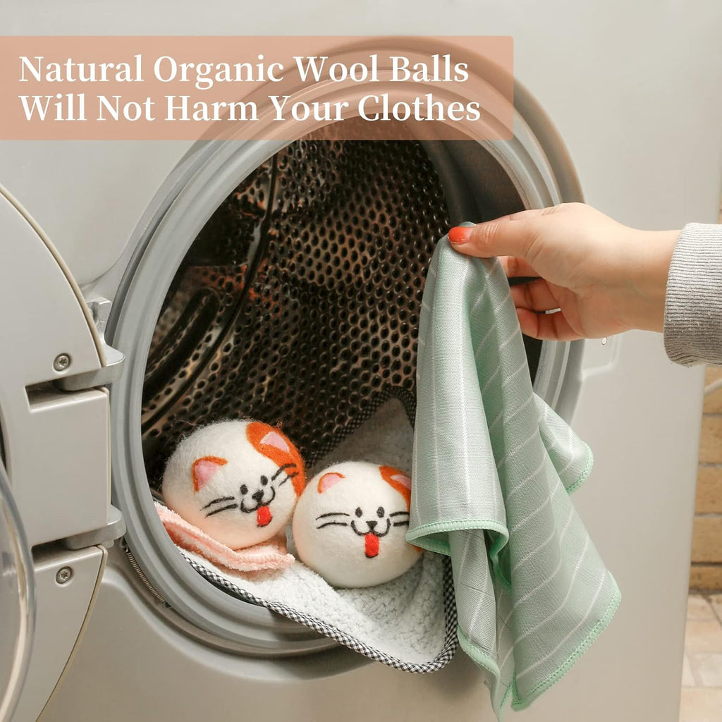 Wool Dryer Balls XL, Cute Cat Face Shape Handmade Dryer Balls Laundry Reusable, Fabric Softener