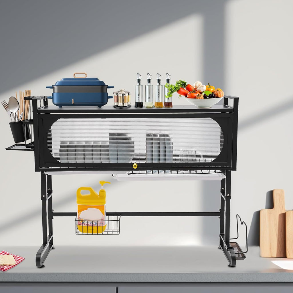 3 Tier Over The Sink Dish Drying Rack W/Clear Cabinet Door, Adjustable Dish Drainer Rack, Black