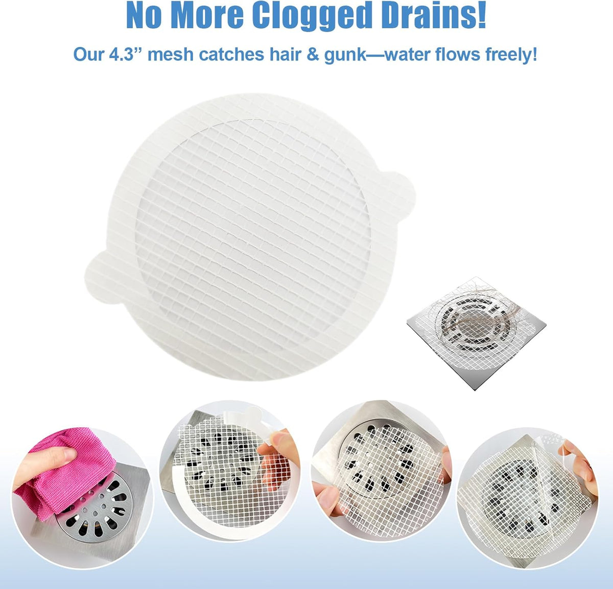 60 Pack Disposable Shower Drain Hair Catcher Hair Trap Drain Covers 4.4” Extra-Wide Mesh Hair