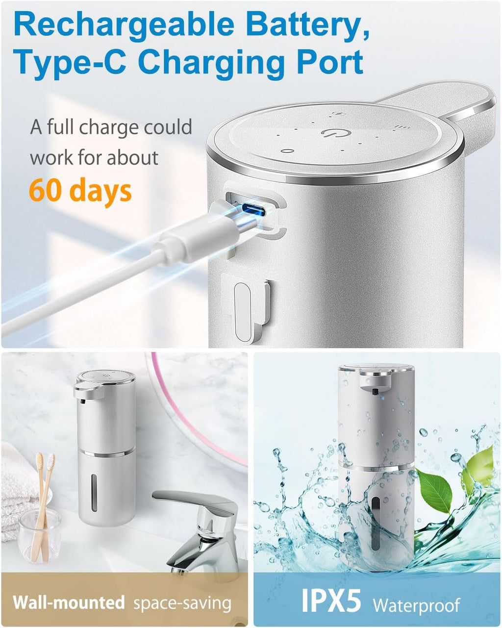 Automatic Foaming Soap Dispenser,4-Level Adjustable Foam, Wall Mount, USB Rechargeable,12.8oz/