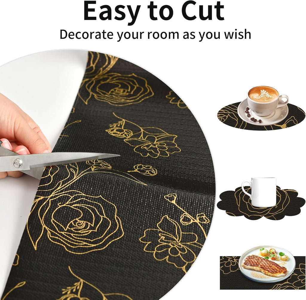 Shelf Liners for Kitchen Cabinets 12in x 30FT Non Adhesive Drawer Liner Black Floral Thickened