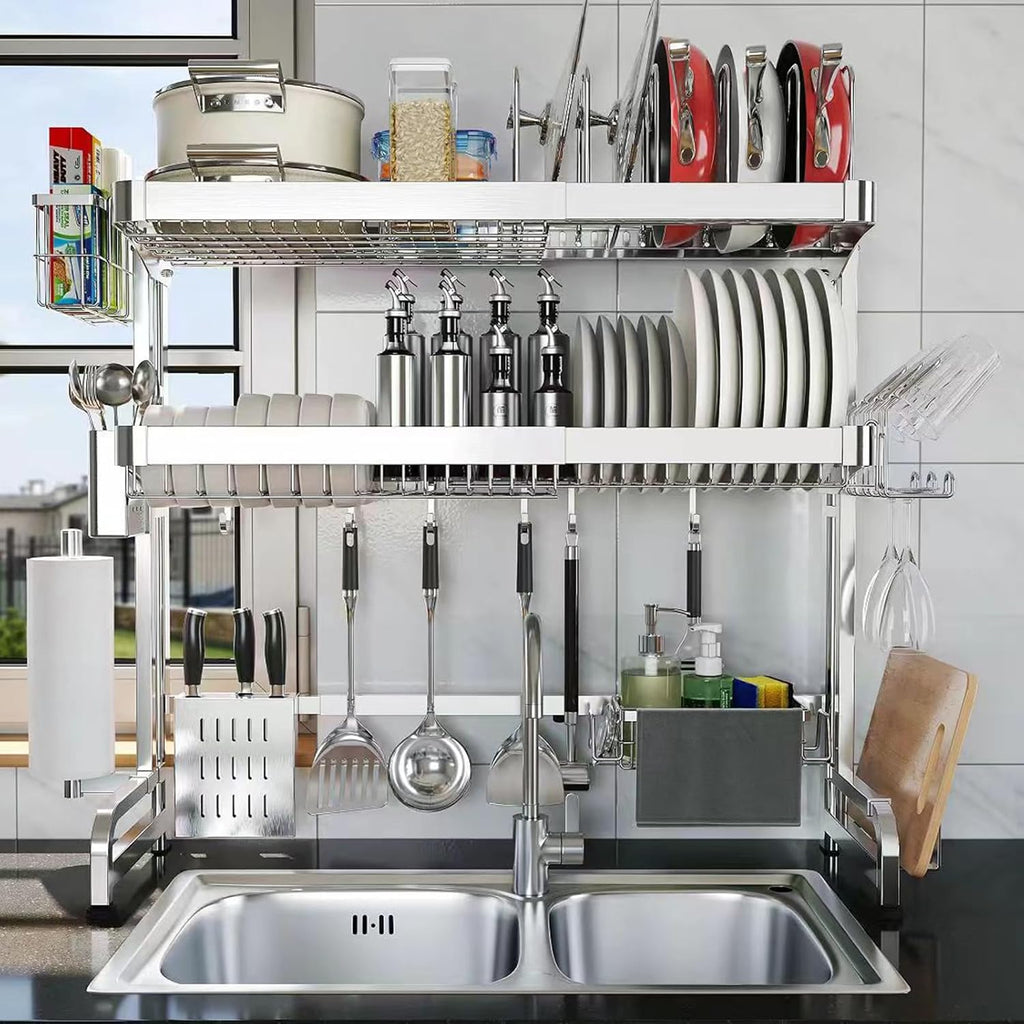 Over The Sink Dish Drainer Drying Rack, Full Stainless Steel 3-Tier Adjustable Length Over Sink