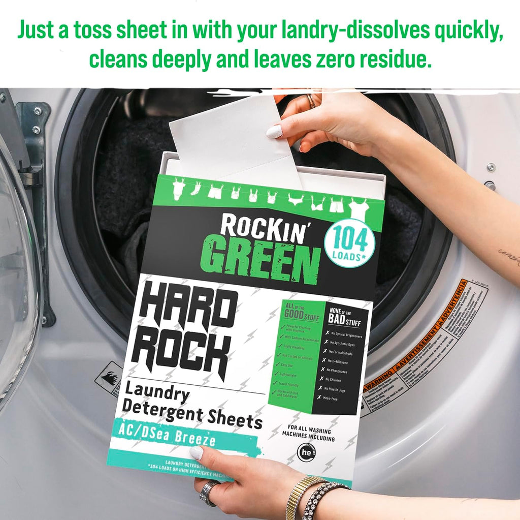 Rockin' Green Hard Rock Travel Laundry Detergent Sheets for Hard Water - Mess-Free Laundry Sheet