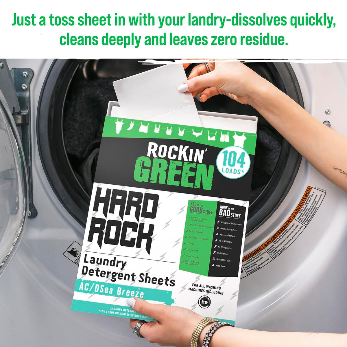 Rockin' Green Hard Rock Travel Laundry Detergent Sheets for Hard Water - Mess-Free Laundry Sheet
