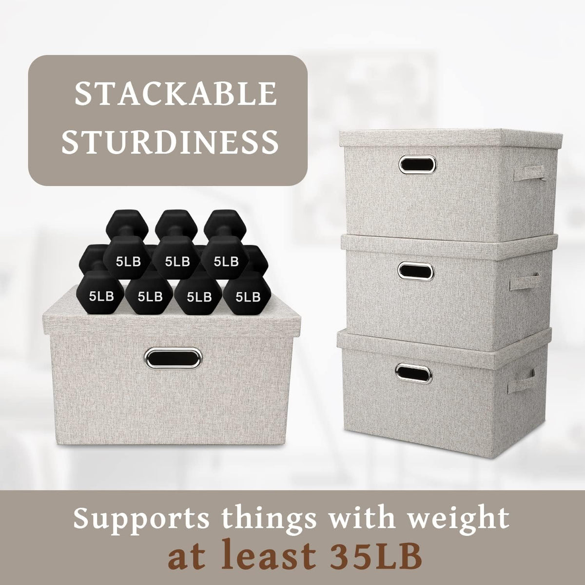 Medium 15" 21 Quart Collapsible Stackable Storage Bins with Lids, 3 Packs Beige Foldable Fabric