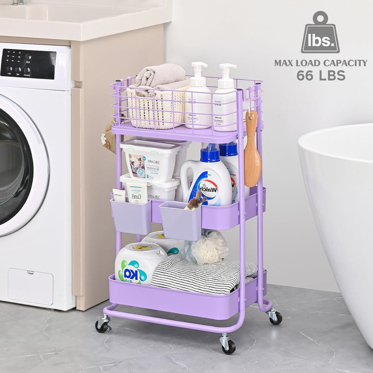KINGRACK 3 Tier Rolling Cart, Metal Mobile Storage Shelf with Lockable Wheels, Prevent Falling