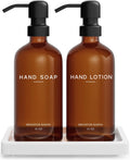 Amber Glass Soap and Lotion Dispenser Set with Tray by Brighter Barns - Hand Soap Dispenser