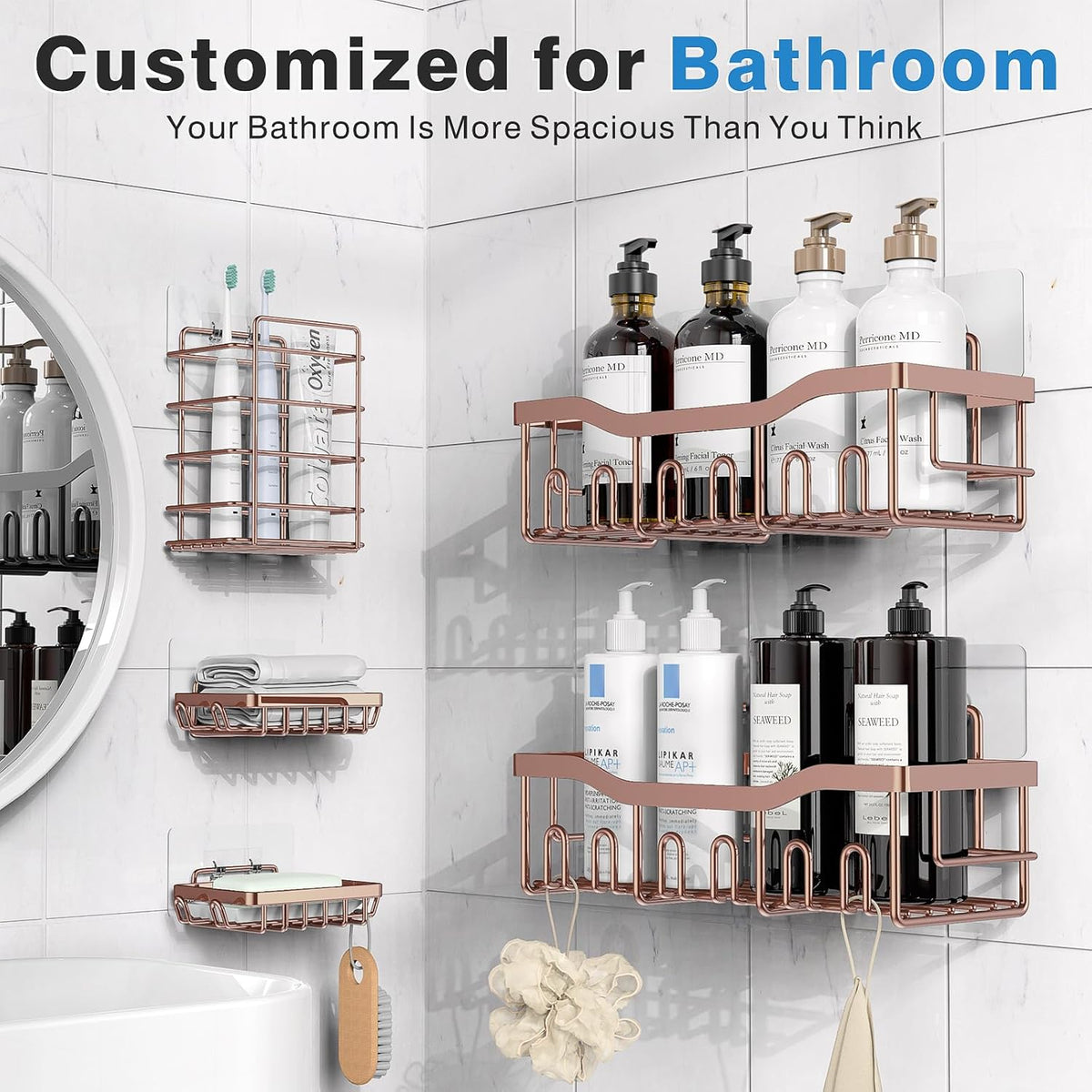 EUDELE 5-Pack Rustproof Stainless Steel Shower Caddy – No Drill Adhesive Bathroom Organizer with