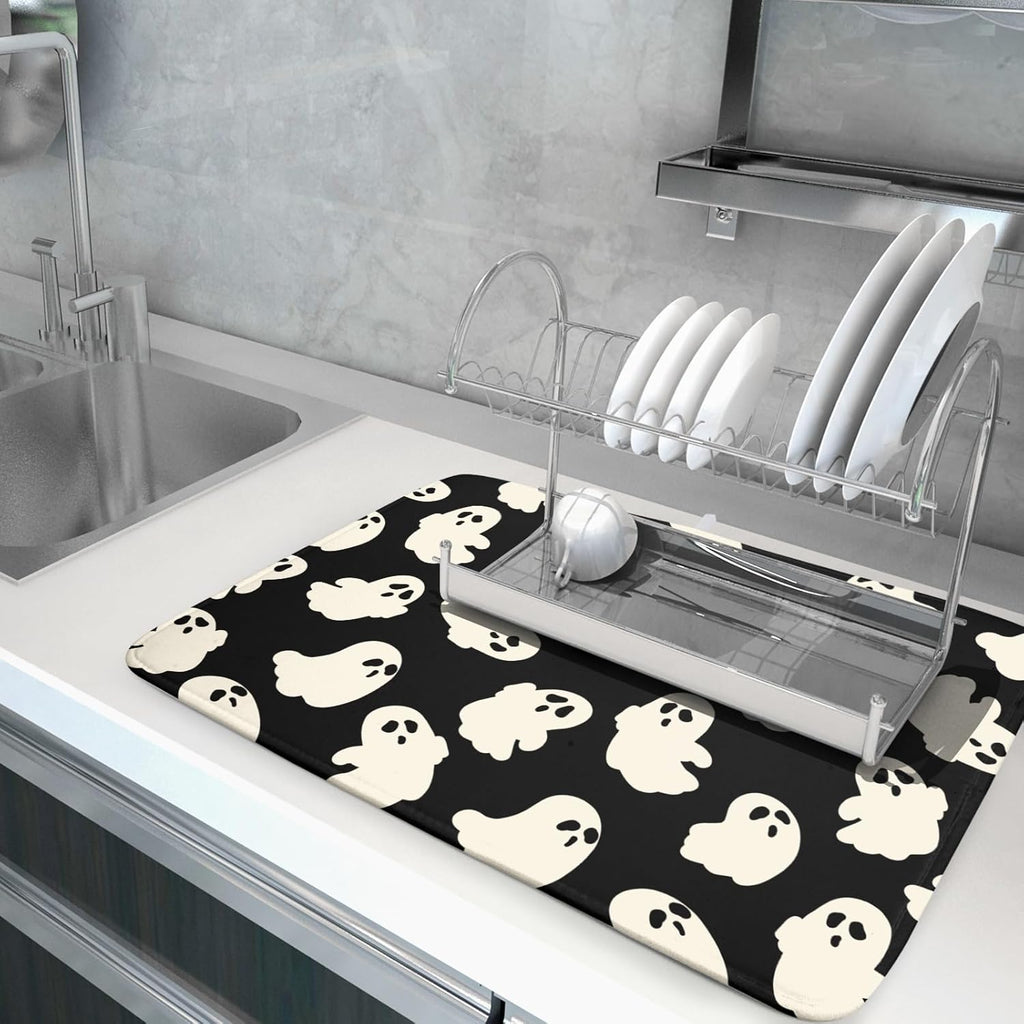 Halloween Ghost Dish Drying Mat 16X18 Inch Spooky Halloween Drying Mat for Kitchen Counter Black
