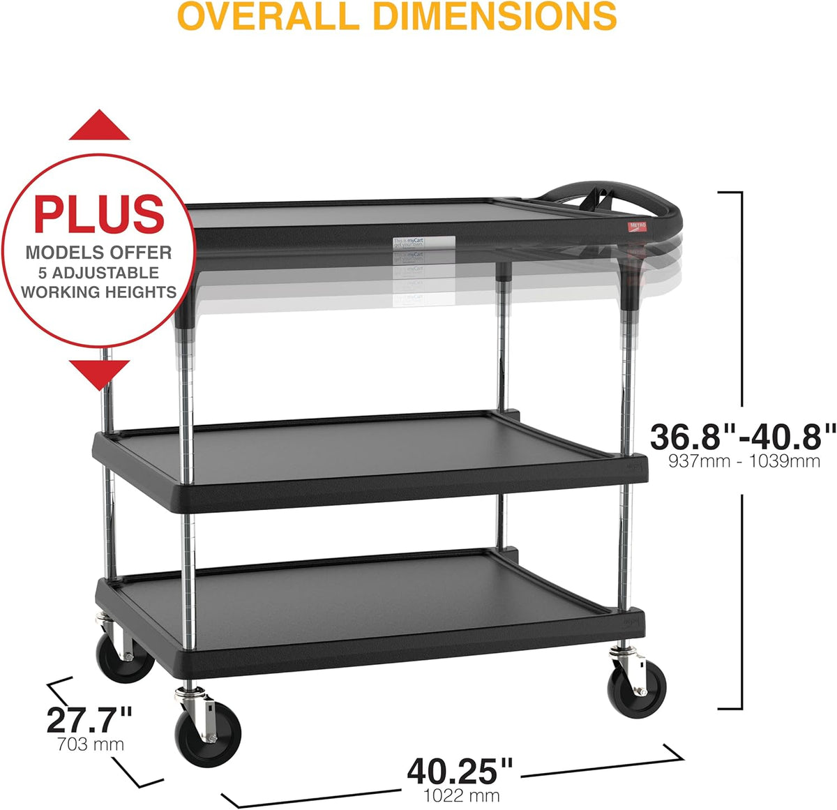 Metro myCart Plus Utility Cart - Choose-Your-Height Adjustable Heavy Duty Rolling Cart for Home