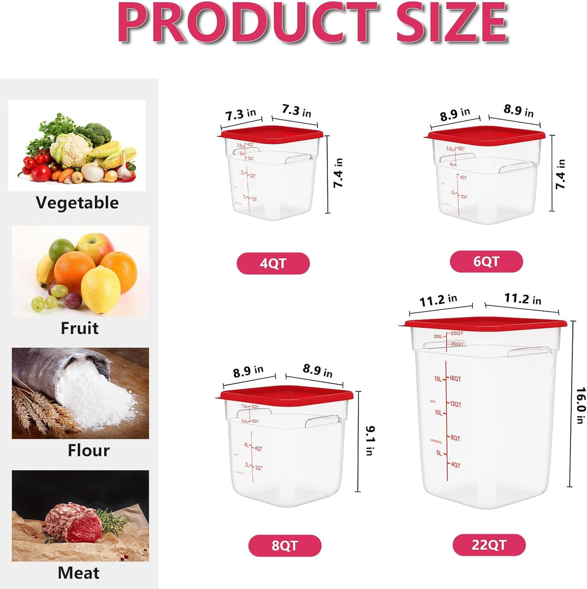 6 Pack 6 Quart Square Clear Food Storage Containers with Lids Cereal Containers Storage Airtight