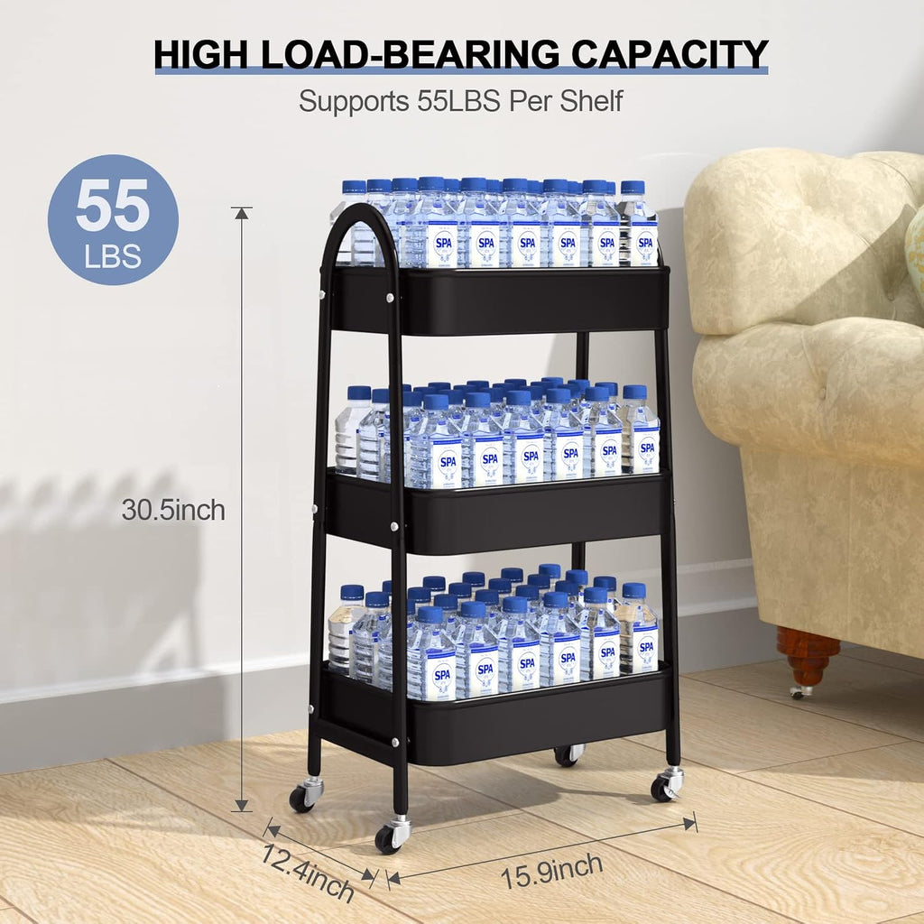 EAGMAK 3 Tier Utility Rolling Cart, Metal Storage Cart with Handle and Lockable Wheels
