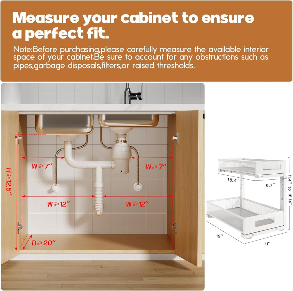 2 Pack 19IN Depth Under Sink Storage Organizer, Large 2-Tier Elegant Mesh Pull Out Shelf for