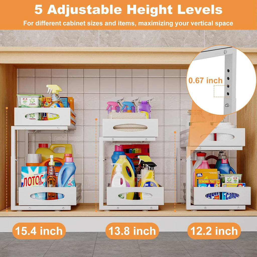 Under Sink Organizer, 2 Tier Under Sink Organizers and Storage, Adjustable Height, Slide Out Metal