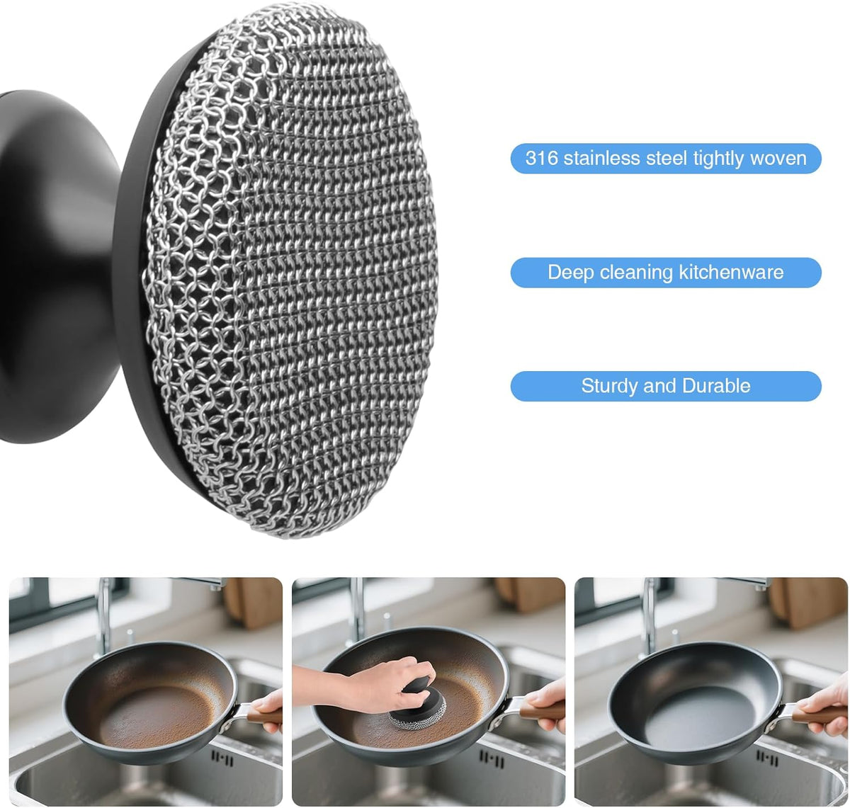 Cast Iron Scrubber Cleaner, Chainmail Scrubber for Cast Iron Pan Skillet, Dish Scouring Pad
