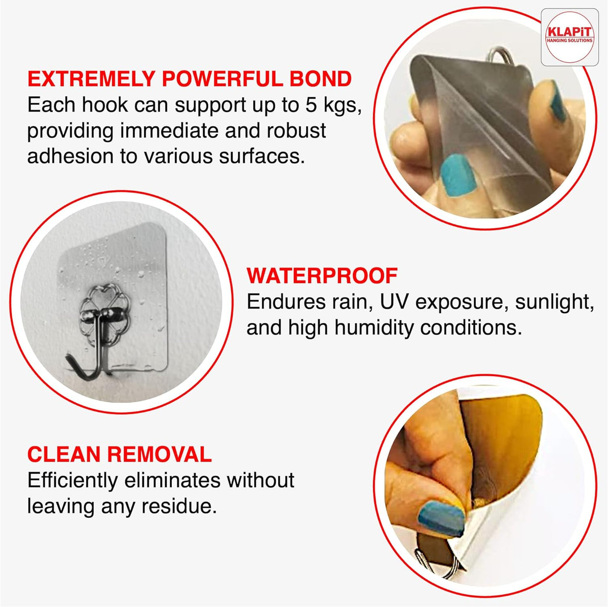 KLAPiT Super Hook - Heavy-Duty Adhesive Clear Wall Hooks, Holds Up to 11 lbs, Waterproof, No