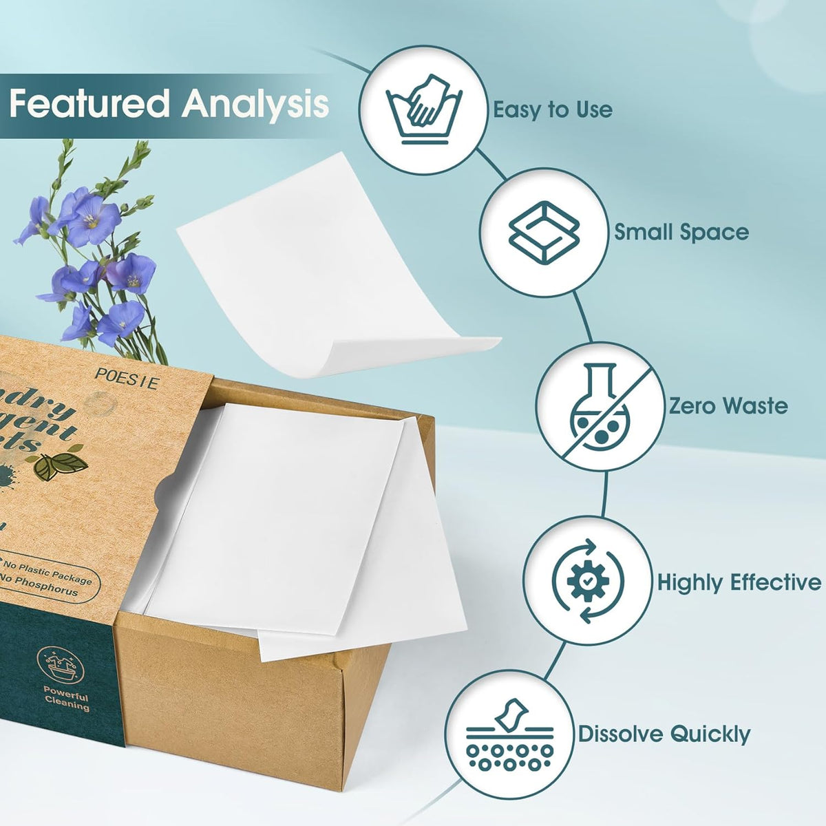 Poesie Laundry Detergent Sheets Fresh Linen Scent 160 Sheets 80 Large Loads Plastic Free Fast