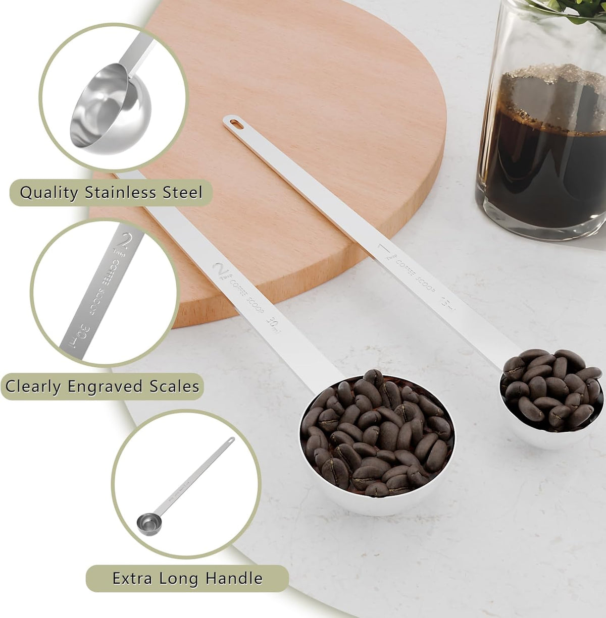 1PCS 2 Tablespoon Coffee Scoop, 9.5" Long Handle Measuring Spoon, Two tbsp (30 ml) Stainless Steel