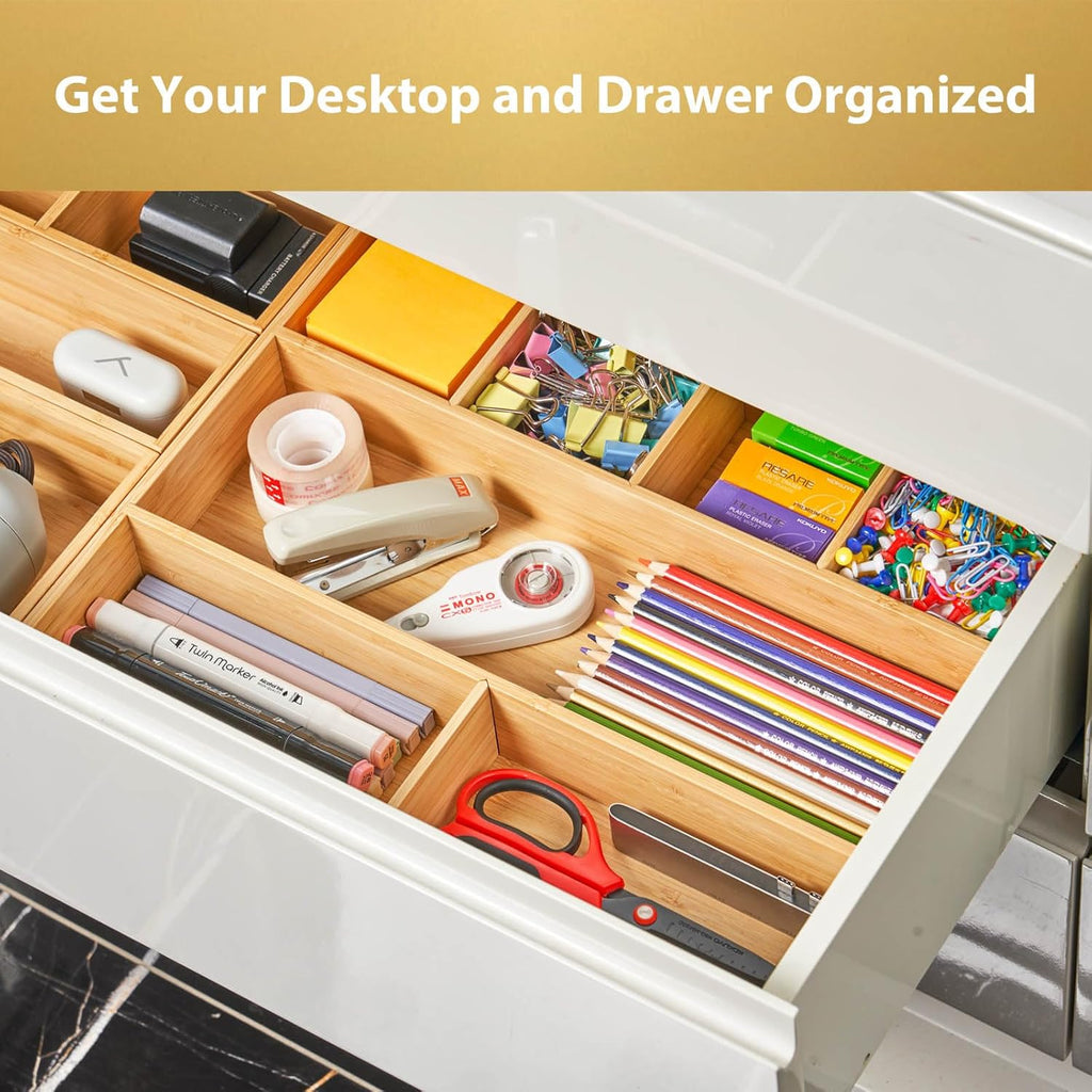 Umilife Large Bamboo Desk Drawer Organizer, Wood Junk Organizer Tray with Adjustable Dividers