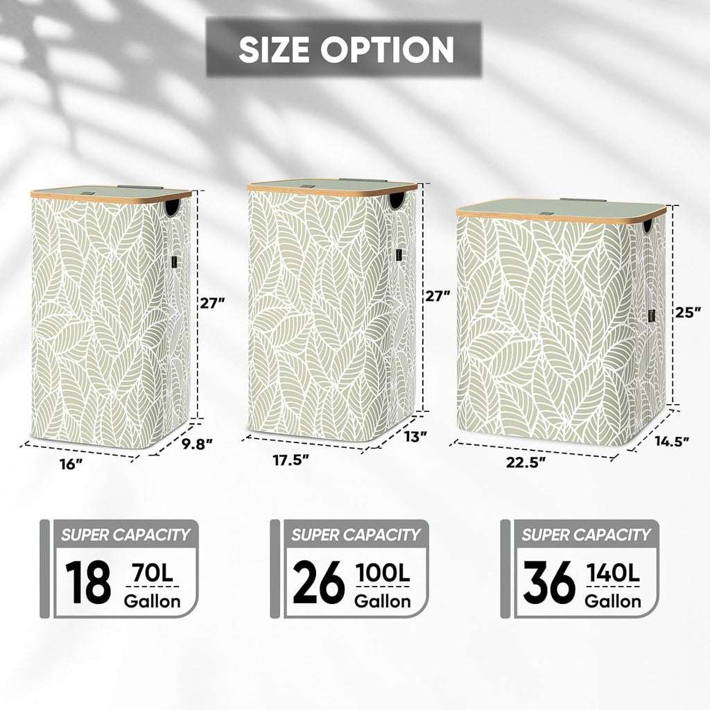 BALEINE Laundry Hamper with Lid, Tall Laundry Baskets with Bamboo Pull Handles, Large Laundry Bin
