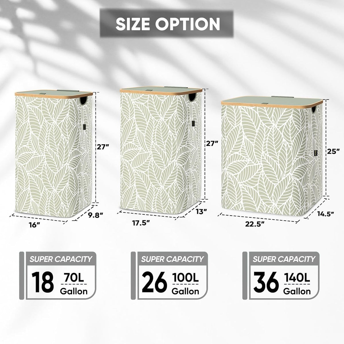 BALEINE Laundry Hamper with Lid, Tall Laundry Baskets with Bamboo Pull Handles, Large Laundry Bin