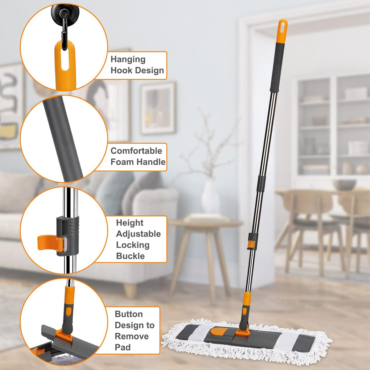 MASTERTOP Dust Mop for Floor Cleaning, Microfiber Floor Mop with 2 Washable Pads, Height Adjustable