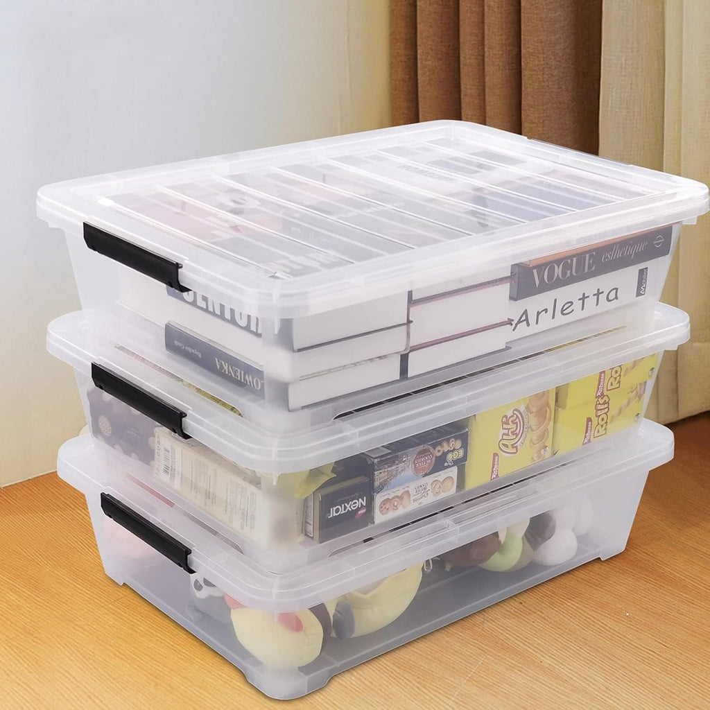 40 Quart Clear Plastic Underbed Storage Container, Wheeled Latching Storage Box for Shoes, Bags