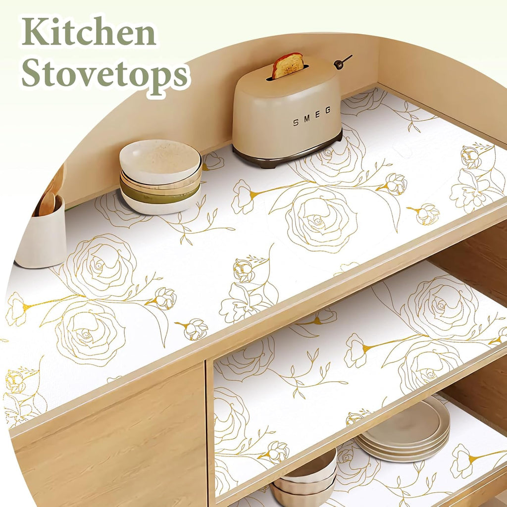 Shelf Liners for Kitchen Cabinets Non Adhesive Drawer Liner 23.6in x 30FT Gold Floral Thickened
