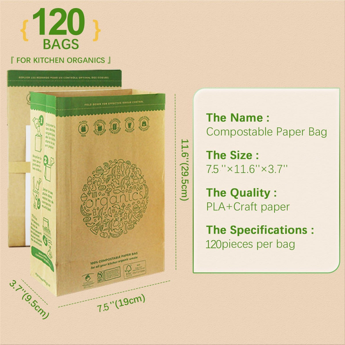 HYTREND-Kitchen Food Waste Bag-120 Bags-%100 Compostable paper Bag - Leak Resistant- Plastic Free