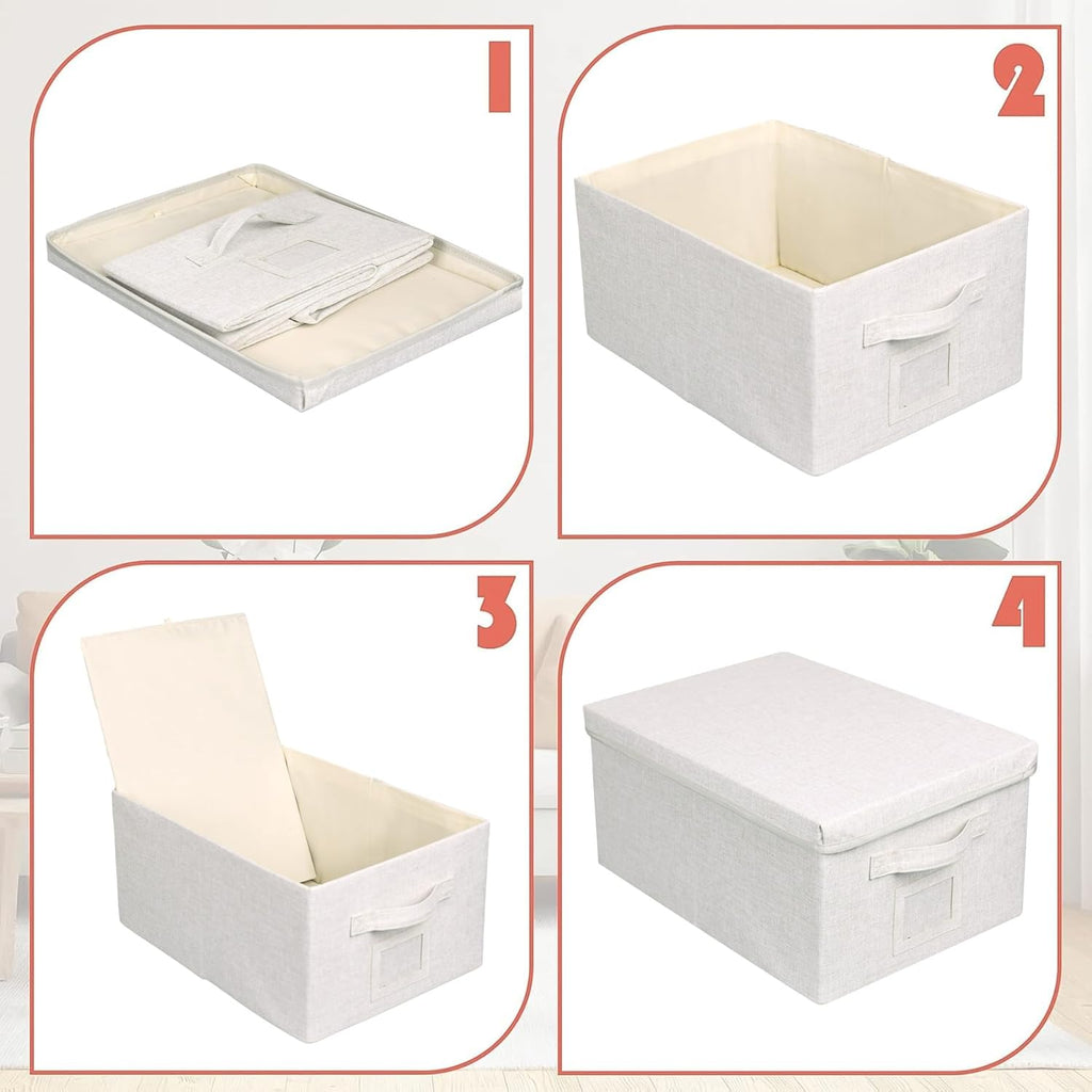 Large 17''x12'' Quart Collapsible Stackable Storage Bins with Lids, 4 Packs Off White Fabric Closet