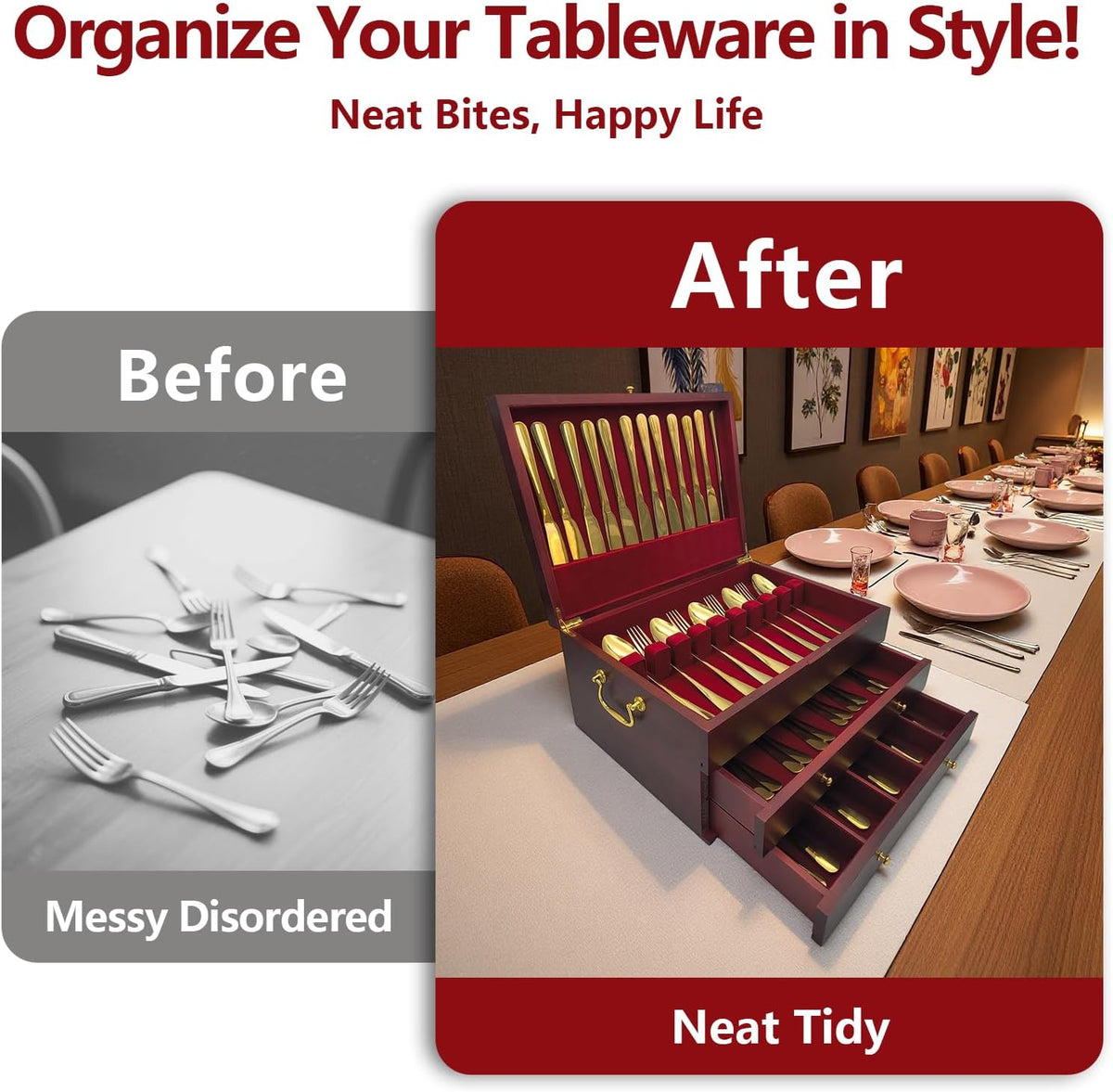 Silverware Storage Box, Kitchen Drawer Organizer, Drawer-containing flap-type storage box, Wood