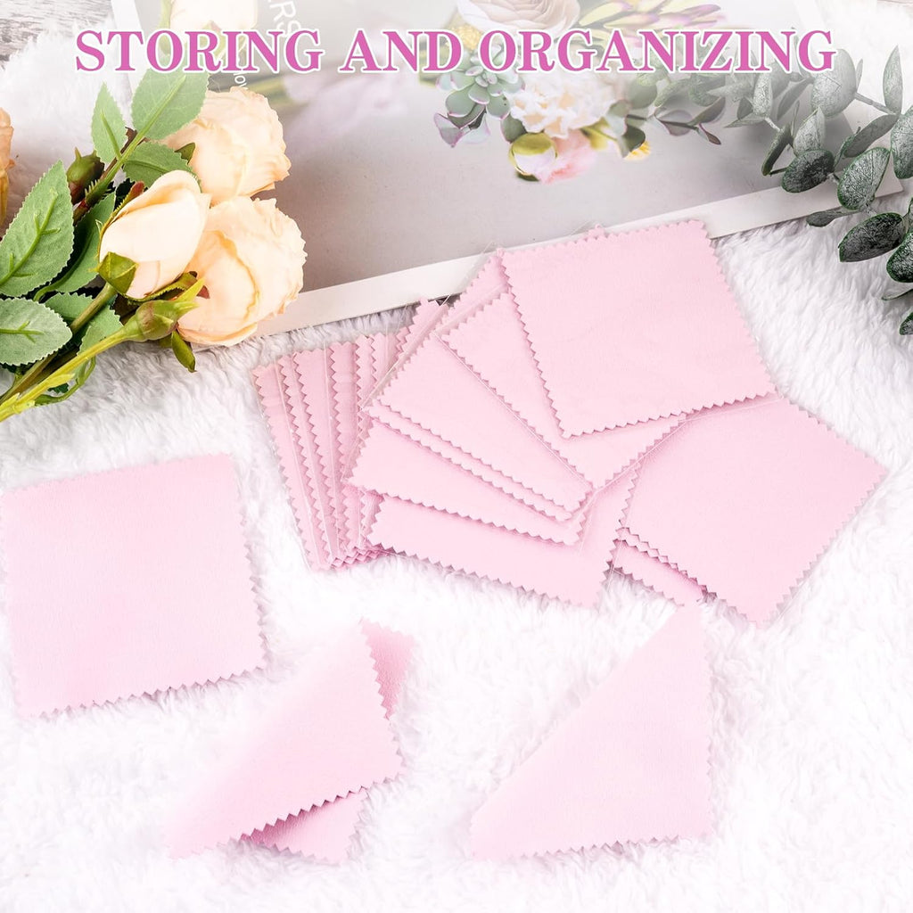 50 Pack Jewelry Polishing Cloth, 3.15" x 3.15" Pink Cleaning Cloths, Small Silver Cleaning &