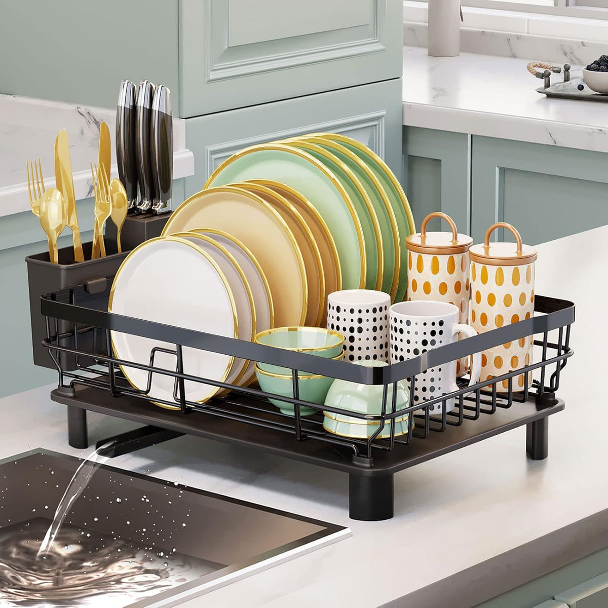 Iron Dish Drying Rack with Drainboard Dish Drainers for Kitchen Counter Extendable Spout Strainers