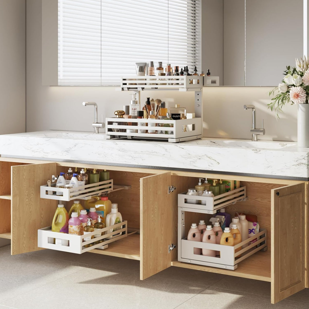 2-Pack Under Sink Organizers and Storage,2-Tier L Shape Pull Out Cabinet Organizer With Round Tube